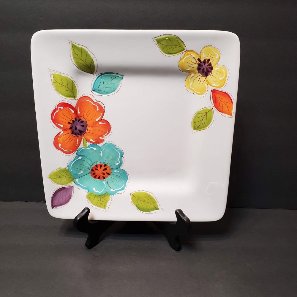 Pier 1 Brittany Square Serving Plate, 11", Colorful Flowers Summer Floral